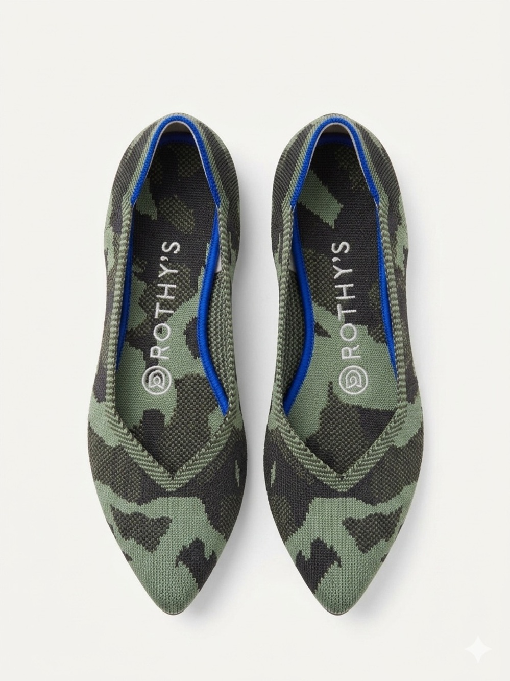 Rothy’s Point Flats Camo Green/Black | Size 6 | Extra Insoles Included